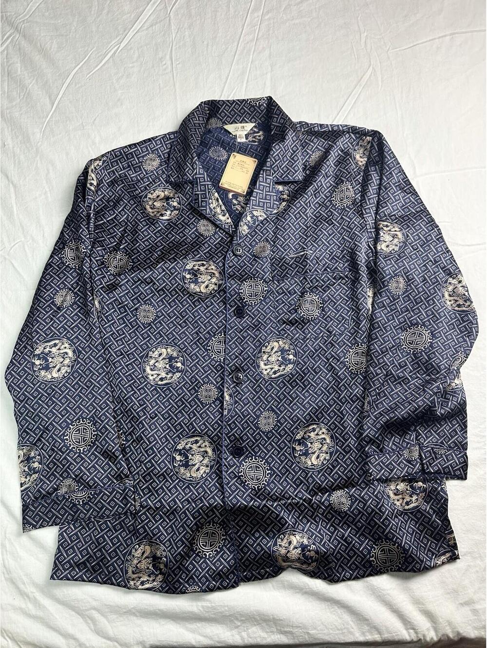 👘🐉 Xinyu Silk Dragon Print Pajama Top Blue XL Vintage Style 🐉👘